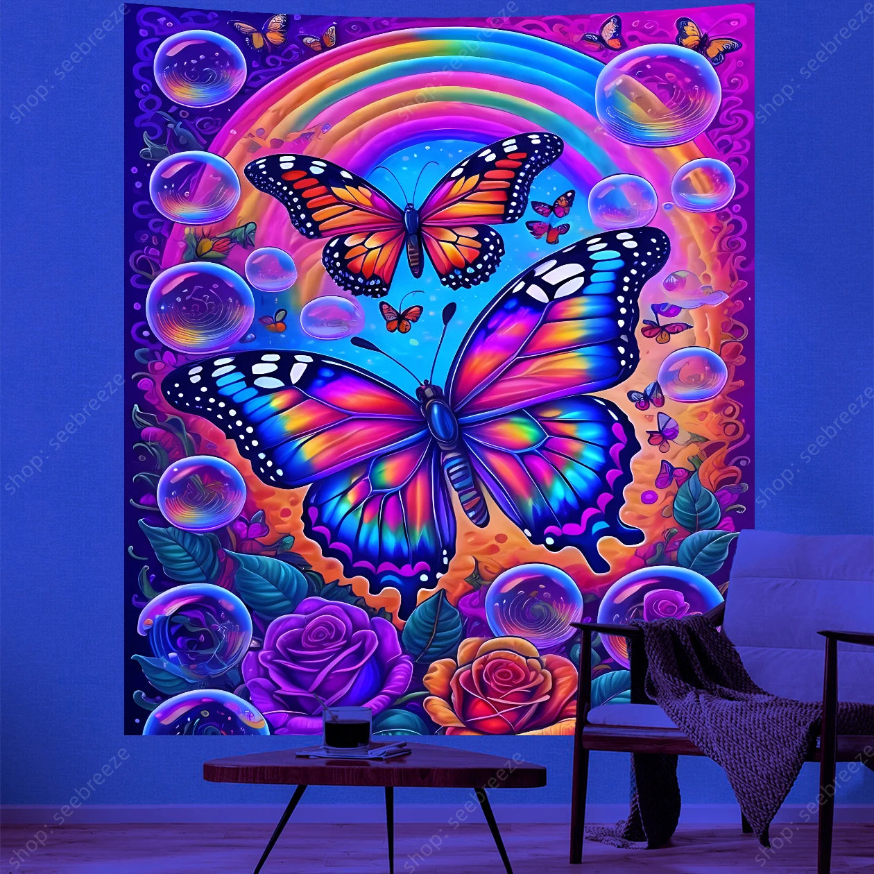Butterfly Flower UV Reactive Tapestry Wall Hanging Hippie Boho Room Decor