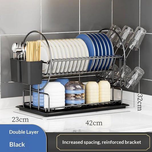 Kitchen 2-Tier Dish Drying Rack with Utensil Holder and Cup Hanger Black Thickened Bowl Plate Drain Rack Storage Organiser
