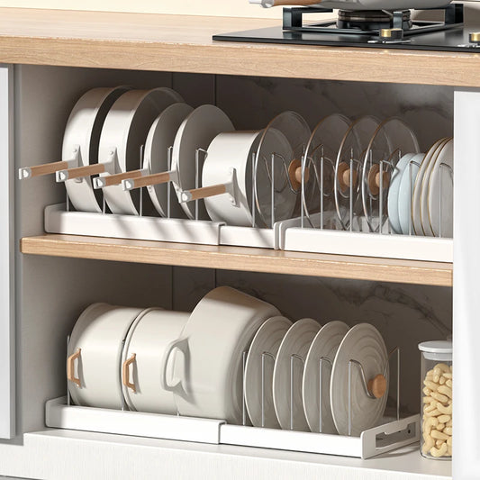 Expandable Pans Organiser Rack 6 Adjustable Compartments Dish Storage Rack Pot Lid Organiser Pots Holder Kitchen Utensils Rack