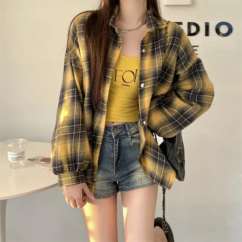 Long Sleeve Collared Button-Up Tartan Black Flannel Shirt