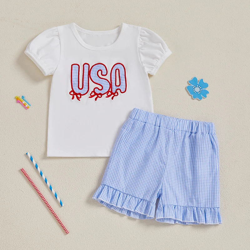 Girls American Flag Print Sleeveless Dress and Denim Jacket Set Adorable 2 Piece Outfit for Independence Day Celebrations