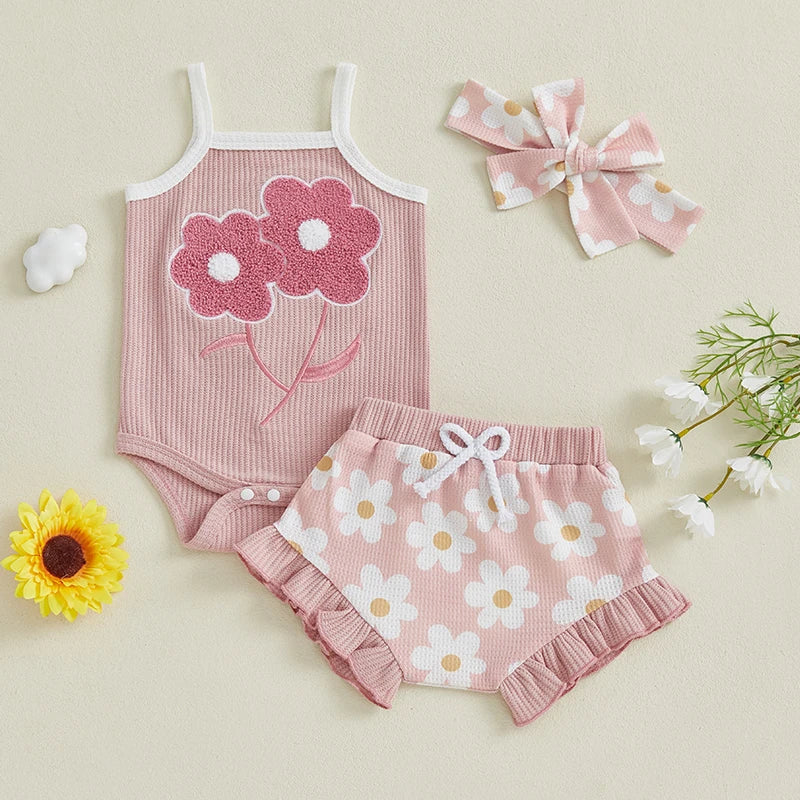 Toddler Girl Summer Outfit Floral Embroidered Sleeveless Bodysuit Elastic Waist Ruffle Shorts Headband 3 Piece Set for Baby Girl