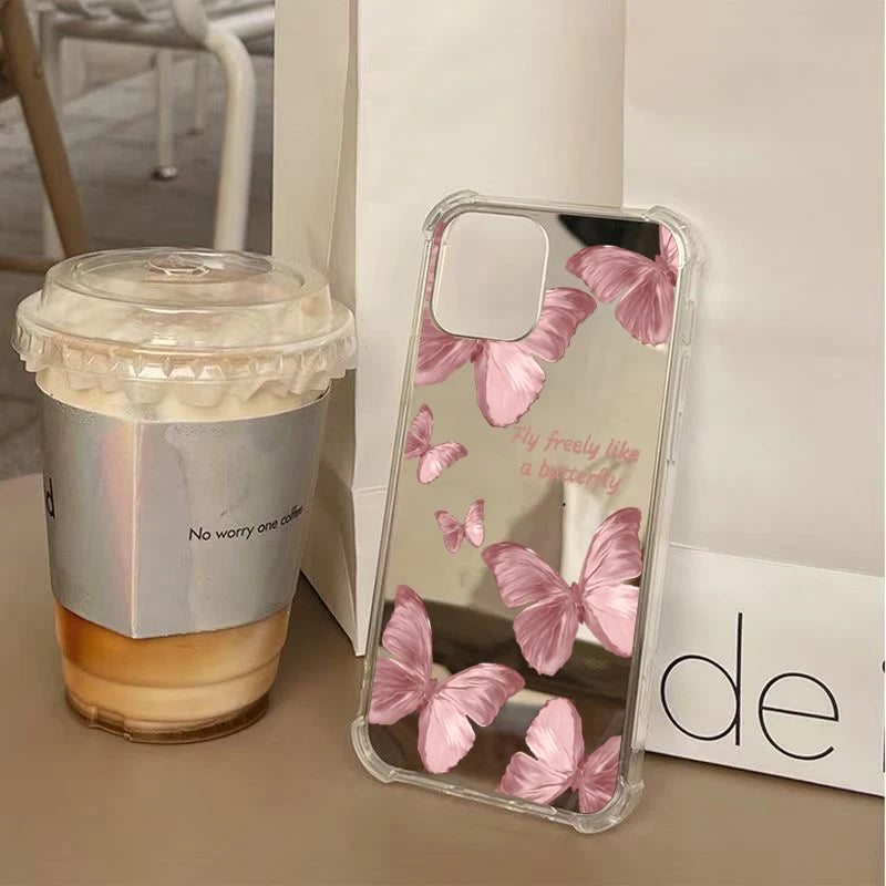 Pink Butterfly Mirror Phone Case For iPhone 16 15 14 13 12 11 Pro Max XS X XR 7 8 Plus SE Make Up Mirror Shockproof Soft Cover