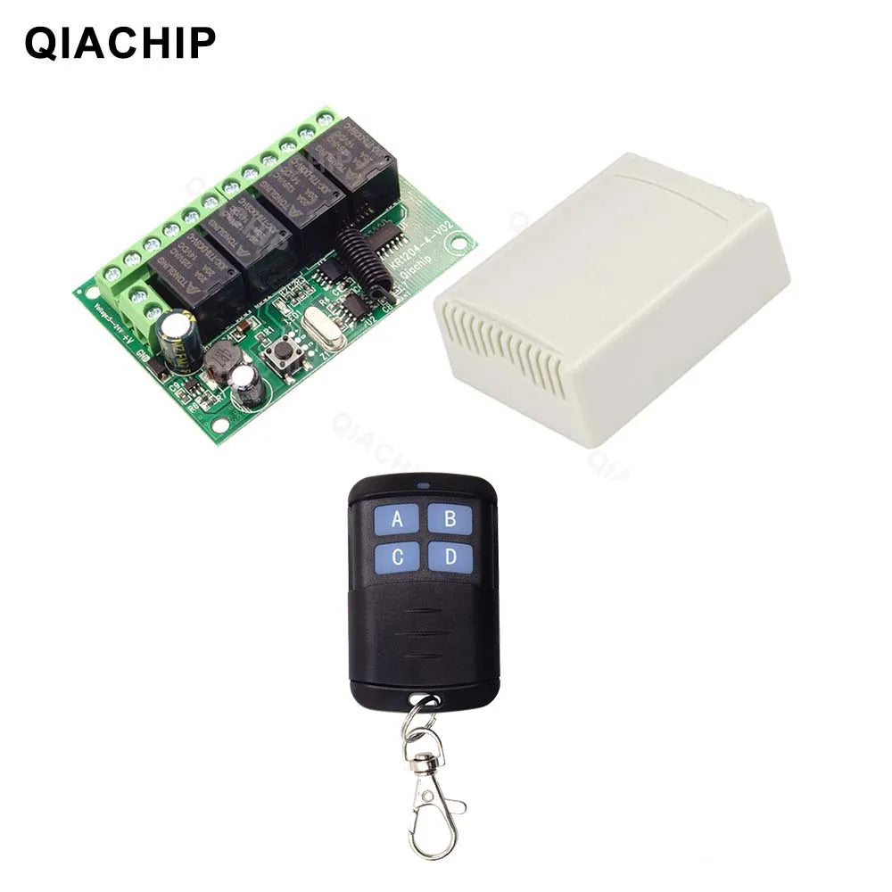 QIACHIP 4CH 433.92MHz Relay Module – DC 5V/12V/24V/48V 10A Wireless Remote Control Switch for EV1527, DC Motor DIY
