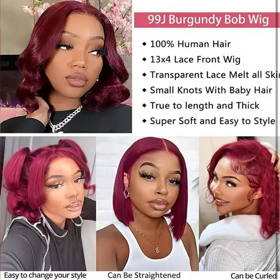99J Burgundy Human Hair Wig 13x4 Bob Straight Pre Plucked Lace Wig Short Brazilian Human Hair Wigs For Women Wine Red Lace Front