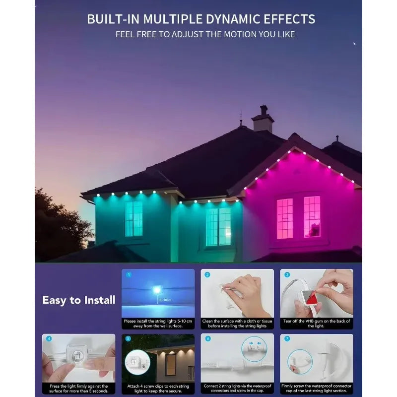 LED Lights 45M Permanent Outdoor Lights Smart RGBIC Eaves Festival Flashing Lighting Fairy String Christmas Holiday Decorations