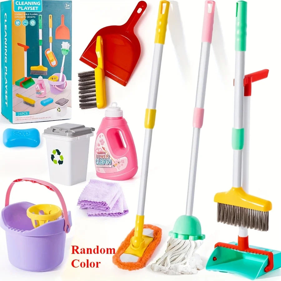 Kids Cleaning Toy Set, Kids Adjustable Mop Broom & Dustpan Set, House Cleaning Tool Toys for children,Random Color