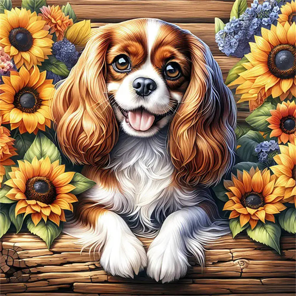 Huacan Diamond Mosaic Dog Animal Sunflower Flower Full Round Square Diamond Painting New Picture For Living Room Home Decoratio