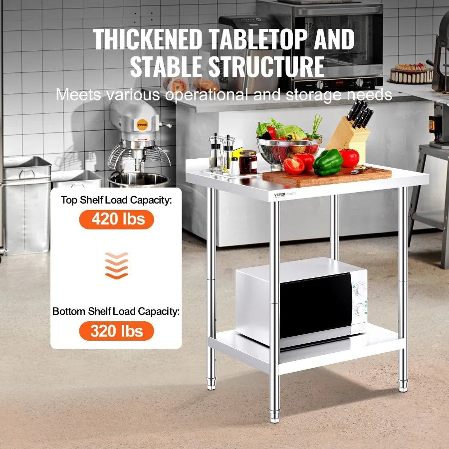 VEVOR Stainless Steel Work Table Commercial Heavy Duty Food Prep Worktable with Adjustable Height for Restaurant Home and Hotel