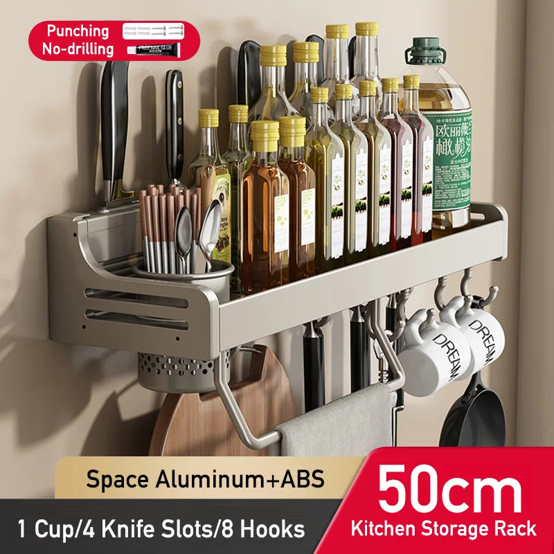 No Drill Kitchen Storage Rack Aluminum Wall Mount Spice Seasoning Spoon Knife Stand Holder Rag Dishcloth Rack Organizer Shelf