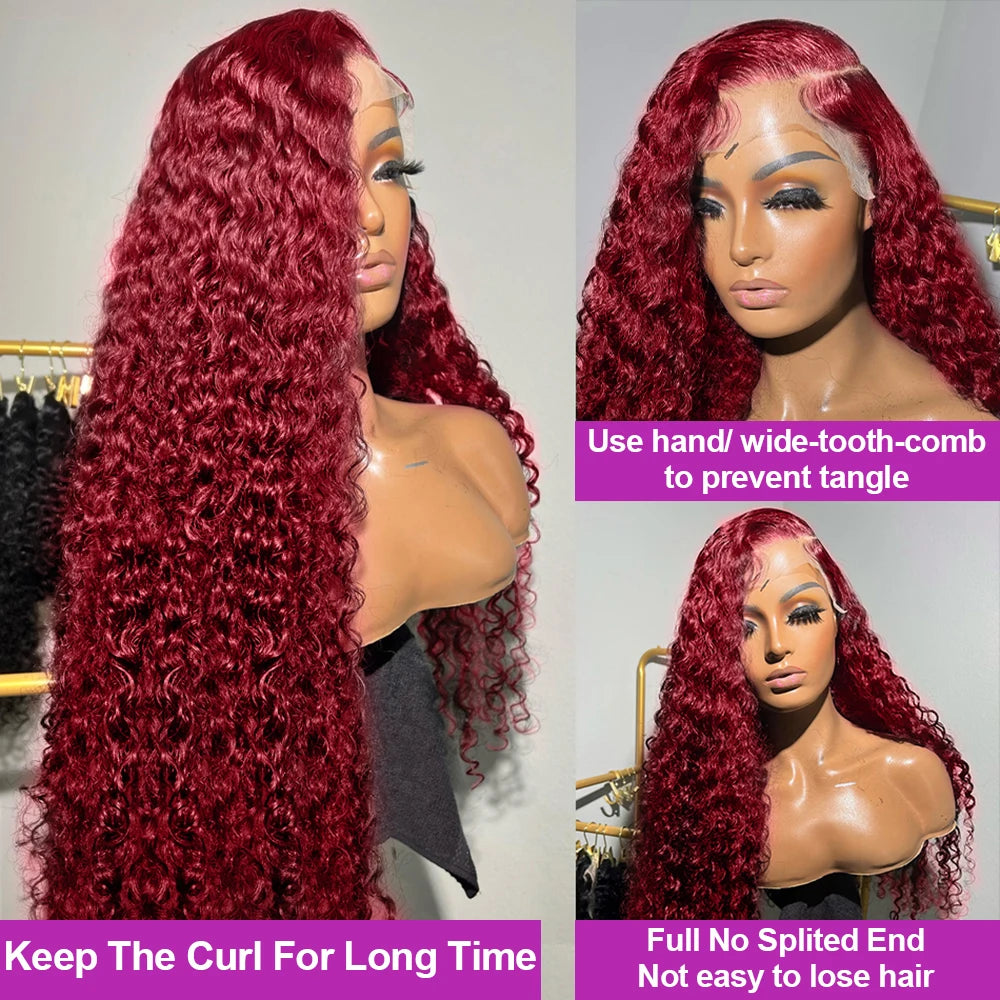 99J Burgundy Colored Curly Wig Transparent 13x6 Lace Frontal Human Hair Preplucked 13x4 HD Lace Frontal Deep Wave Wigs For Women