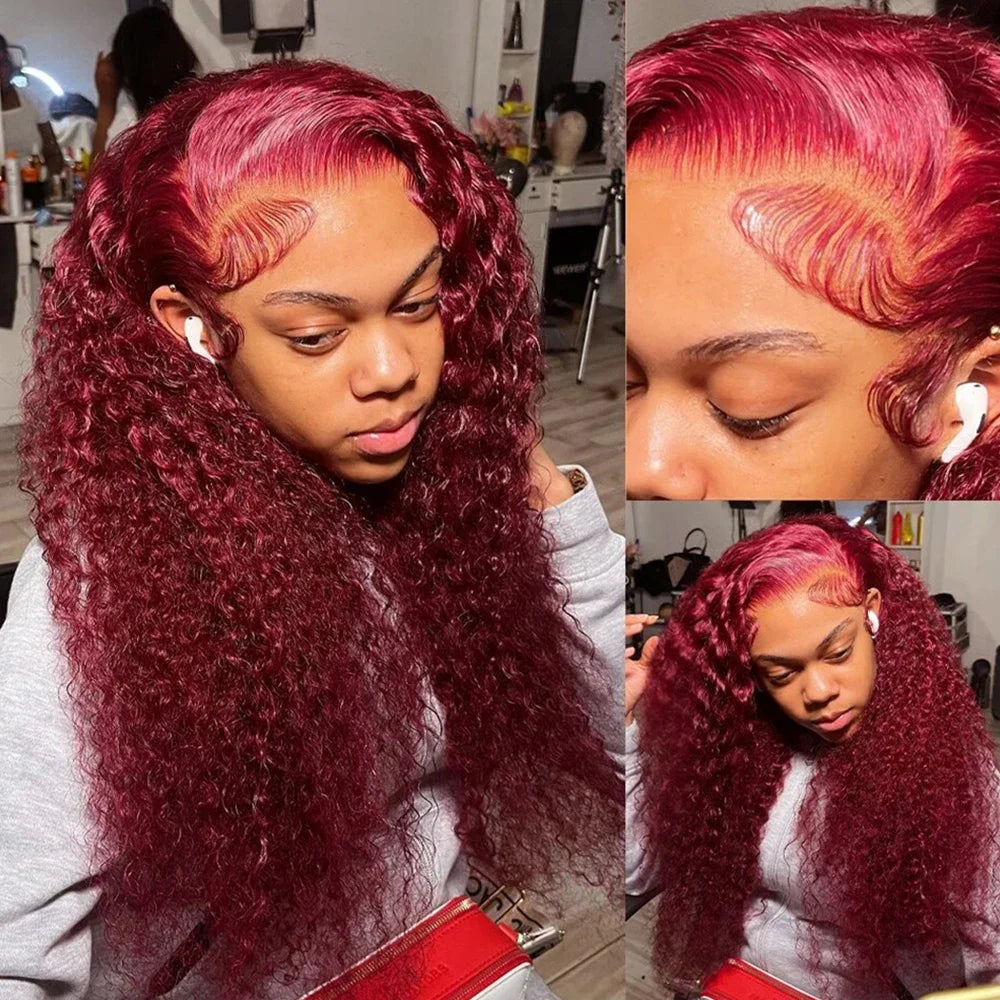 99J Burgundy Colored Curly Wig Transparent 13x6 Lace Frontal Human Hair Preplucked 13x4 HD Lace Frontal Deep Wave Wigs For Women