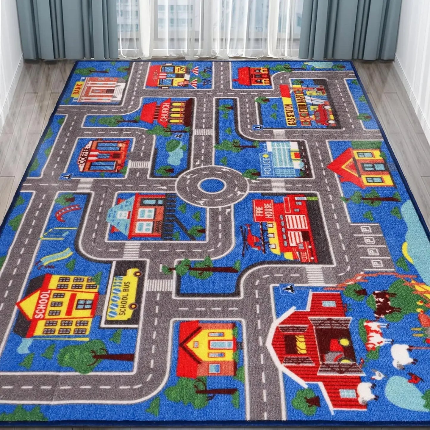 VIKAMA Children'S Educational Play Mat Non-Slip Urban Road Traffic Design Suitable For Offices, Children's Rooms, And Home Decor