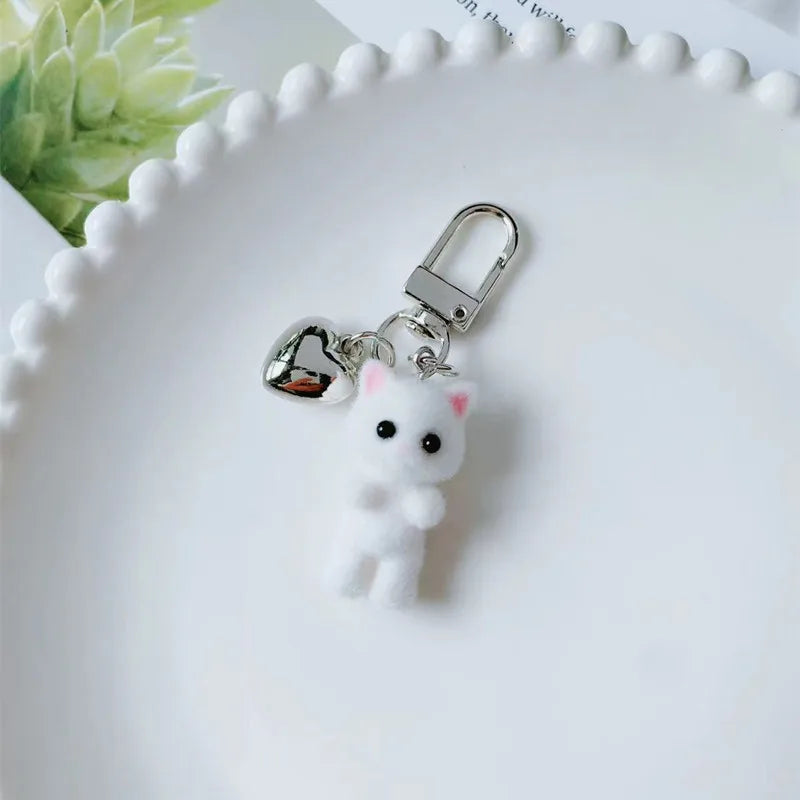 Cute Flocking Cat Keychain 3D Love Phone Pendant Headphone Case Charm Bag Decor Car Key Ring Jewelry Gift