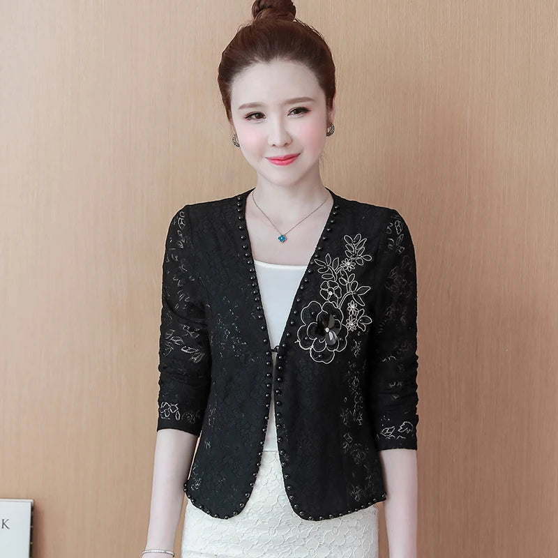 Short Lace Long Sleeve Embroidery Cardigan