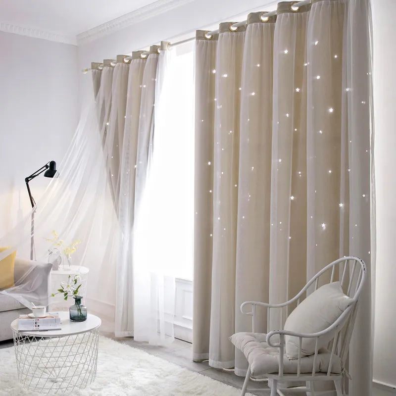 Double Layers Romantic Sheer Kids Children Girls Curtains With Hollow Out Stars For Living Room Bedroom Windows Drapes
