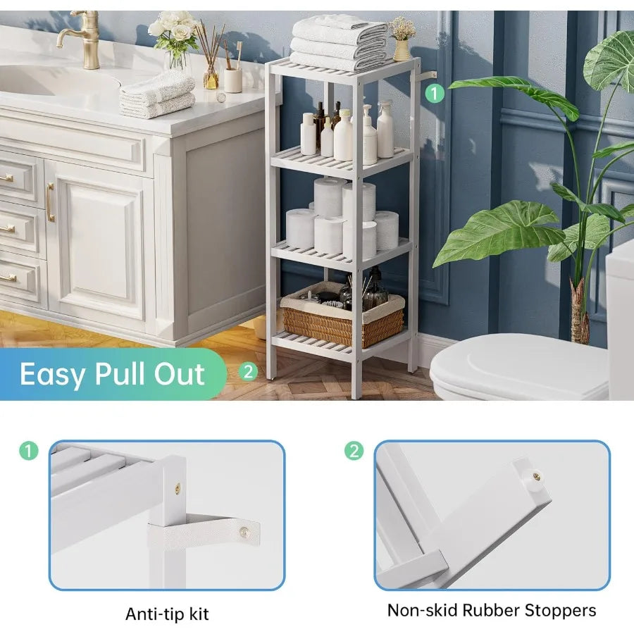 Bathroom Storage Shelf 5Tier Bamboo Rack Organizer Multifunctional Shelving Unit for Living Room Bedroom Kitchen White