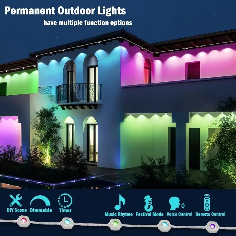 LED Lights 45M Permanent Outdoor Lights Smart RGBIC Eaves Festival Flashing Lighting Fairy String Christmas Holiday Decorations