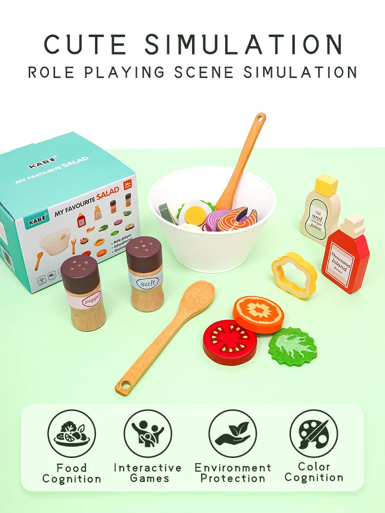 Kitchen Pretend Play Toys Wooden Simulation Food Accessories Pizza Salad Dessert Set Montessori Educational Toy for Toddler 3+