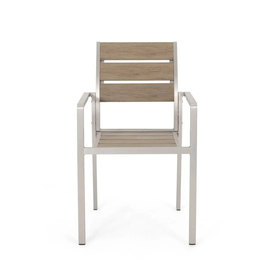 Outdoor Modern Aluminum Dining Chair with Faux Wood Seat (Set of 2), Natural and Silver