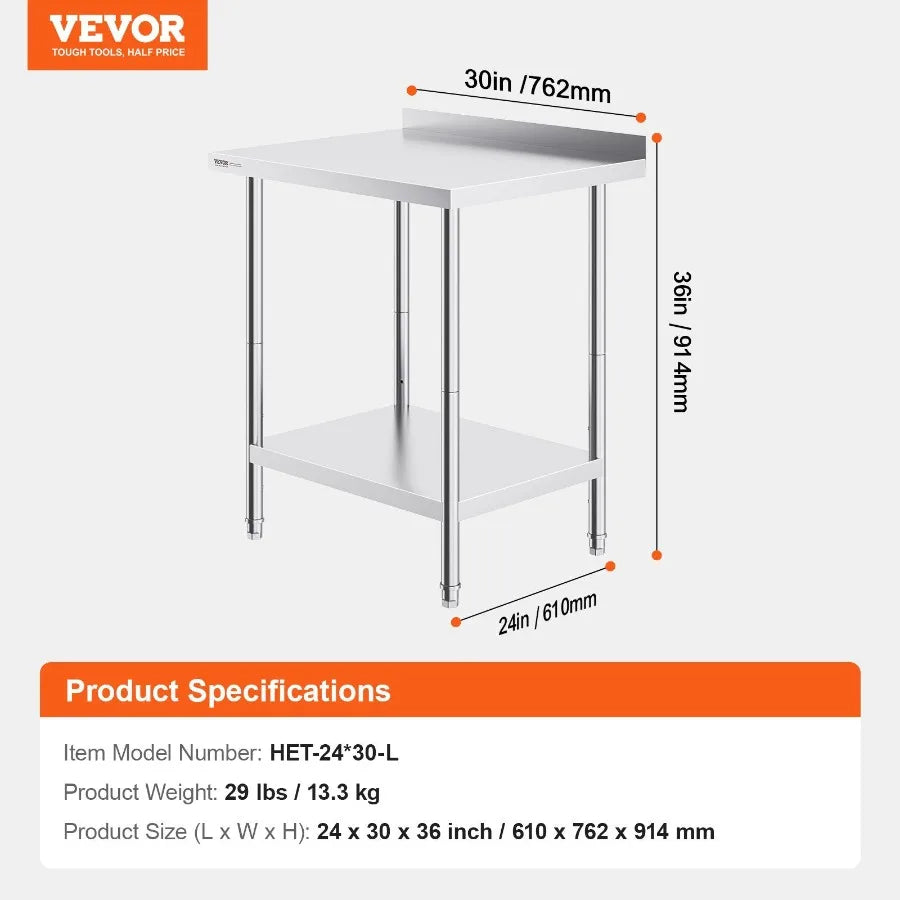 VEVOR Stainless Steel Work Table Commercial Heavy Duty Food Prep Worktable with Adjustable Height for Restaurant Home and Hotel