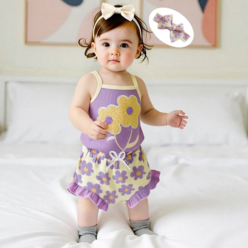 Toddler Girl Summer Outfit Floral Embroidered Sleeveless Bodysuit Elastic Waist Ruffle Shorts Headband 3 Piece Set for Baby Girl