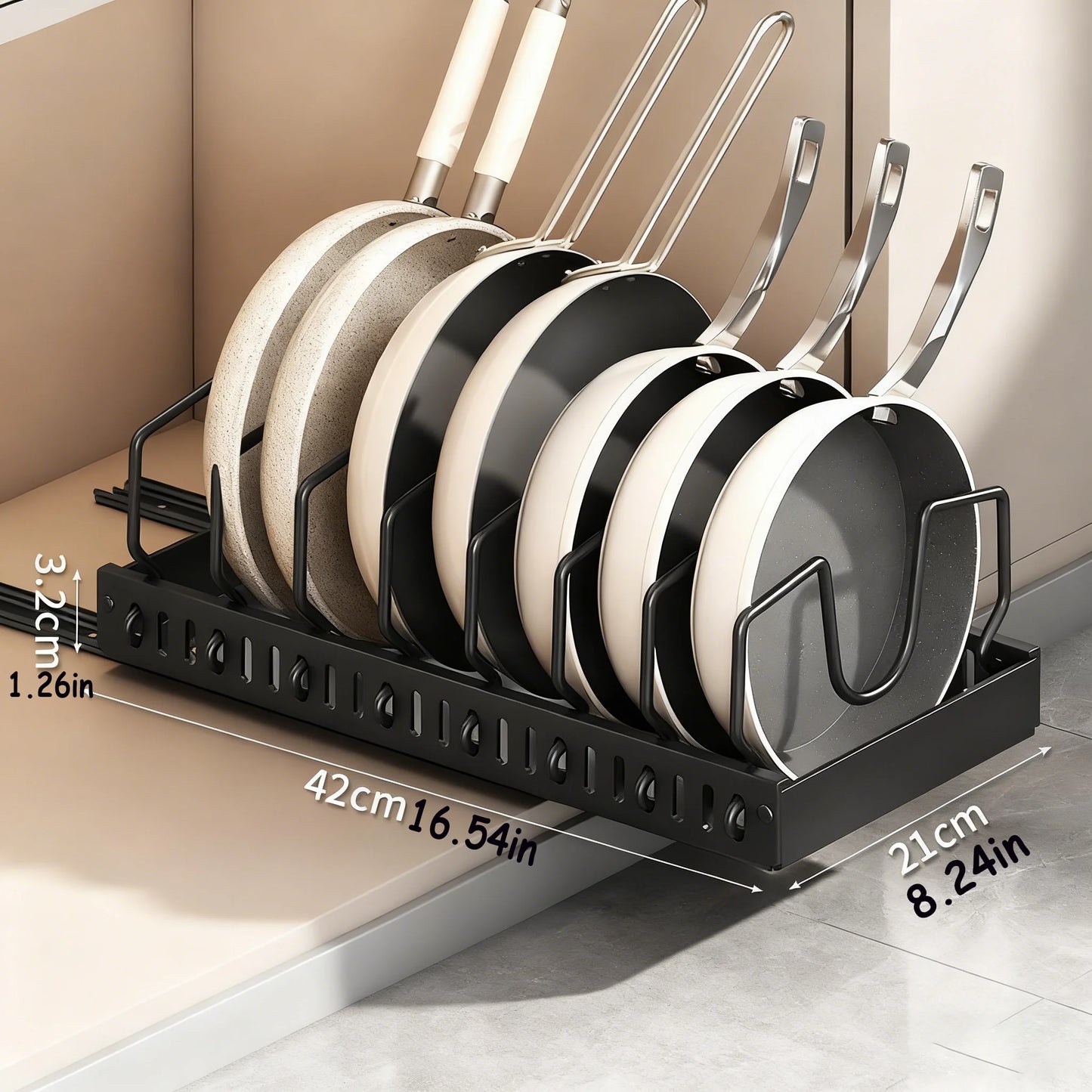 Cookware and Frying Pan Storage Rack with Pull-Out Lid Storage Box, Suitable for Placement under the Cabinet, Featuring a Pot Lid Rack with 8 Adjustable Dividers