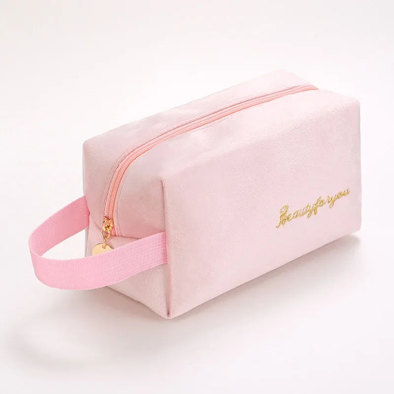 Plush Cosmetic Bag for Women – Large Zipper Makeup & Toiletry Travel Pouch, Solid Color Beauty Bag
