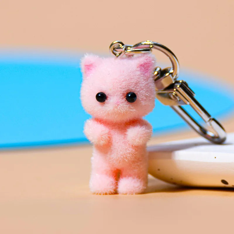 Cute Flocking Cat Keychain 3D Love Phone Pendant Headphone Case Charm Bag Decor Car Key Ring Jewelry Gift