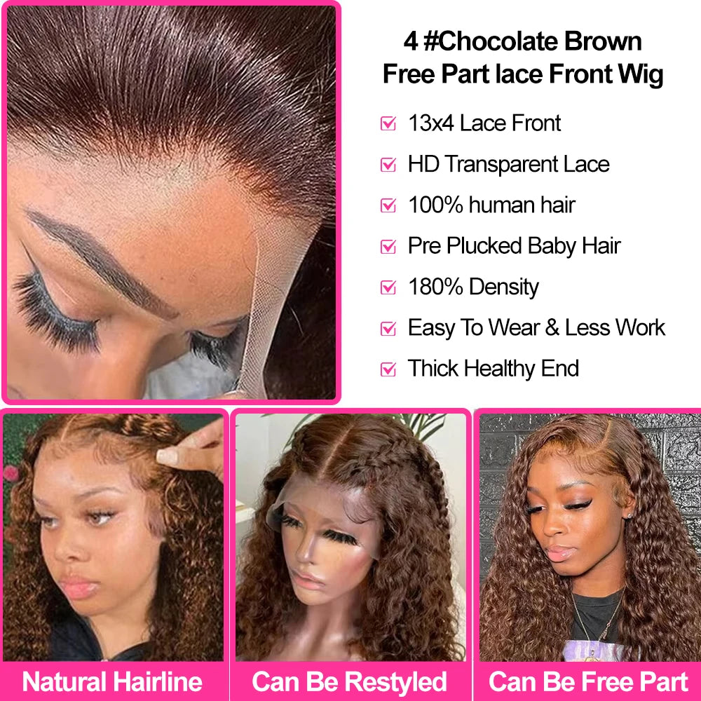Curly Wig 13x4 Chocolate Brown Lace Front Wig 13x6 HD Transparent Lace Frontal Wig Colored Water Wave Human Hair Wigs For Women