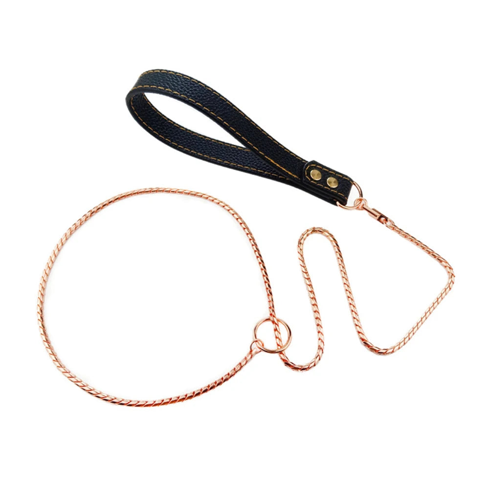 Integrated Dog Slip Chain Collar Leash 3Integrated Dog Slip Chain Collar & Leash – 304 Stainless Steel Choke Collar with Leather Handle for Training and Show04 Stainless Steel Dog Metal Choke Collar Pet Training Leash Show with Leather Handle