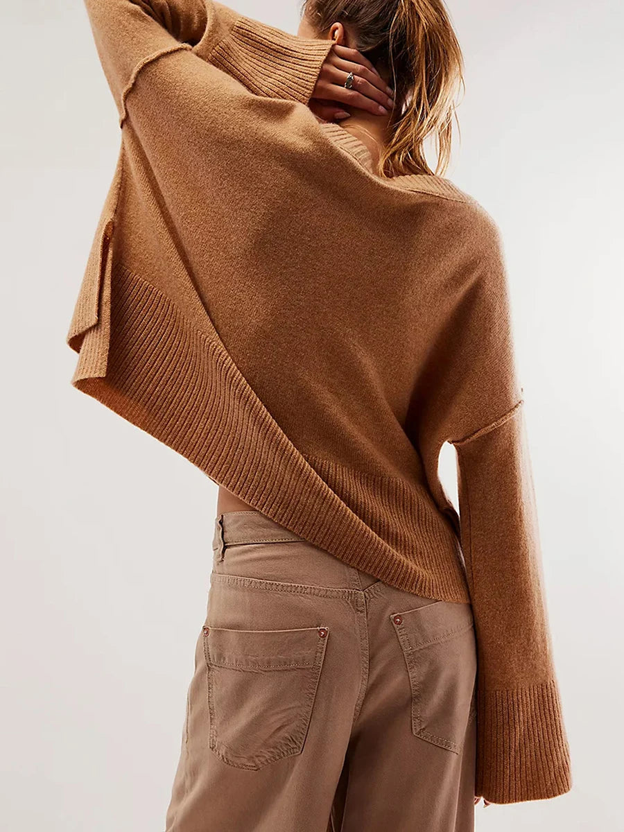 Women s Autumn Winter Knit Sweater Long Flared Sleeve Solid Color Loose Knitwear