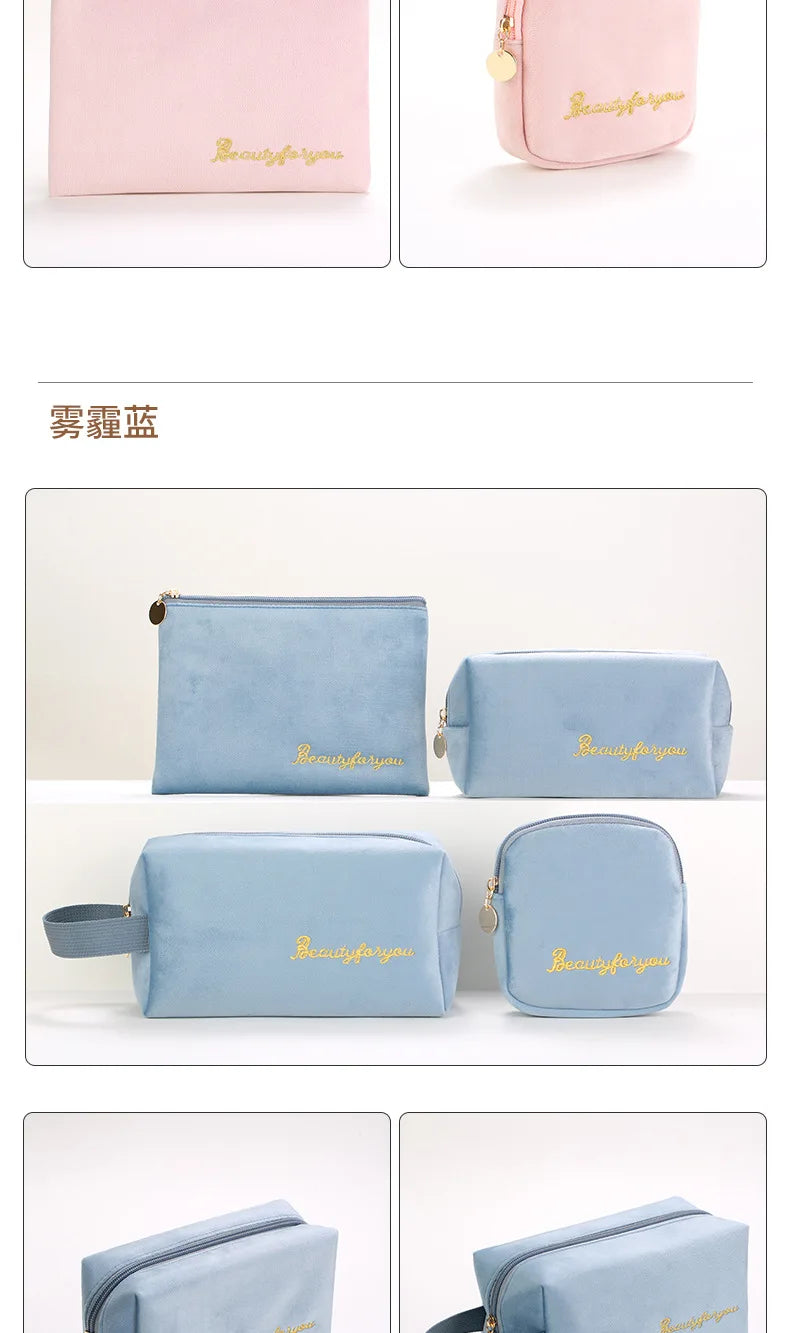 Plush Cosmetic Bag for Women – Large Zipper Makeup & Toiletry Travel Pouch, Solid Color Beauty Bag
