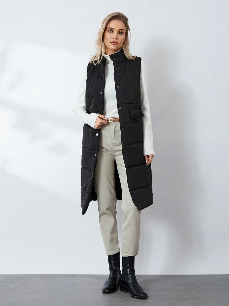 Women Quilted Puffer Vest Solid Color Warm down Jacket Button Cardigan for Winter Outwear Streetwear