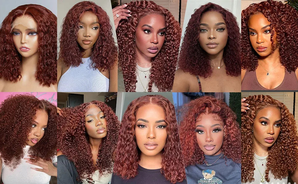 Short Bob Wigs Reddish Brown Curly Bob Wig Red Colored Lace Front Human Hair Wigs For Women Brazilian Pre Plucked Bob 12 14 Inch