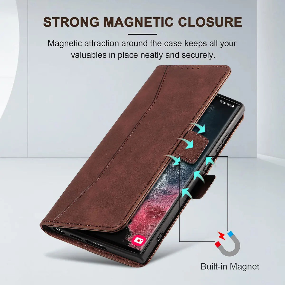 For Samsung Galaxy S22 Ultra 5G Leather Case Rugged Phone Flip Card Slots Magnetic Wallet Phone Cover Dark Brown