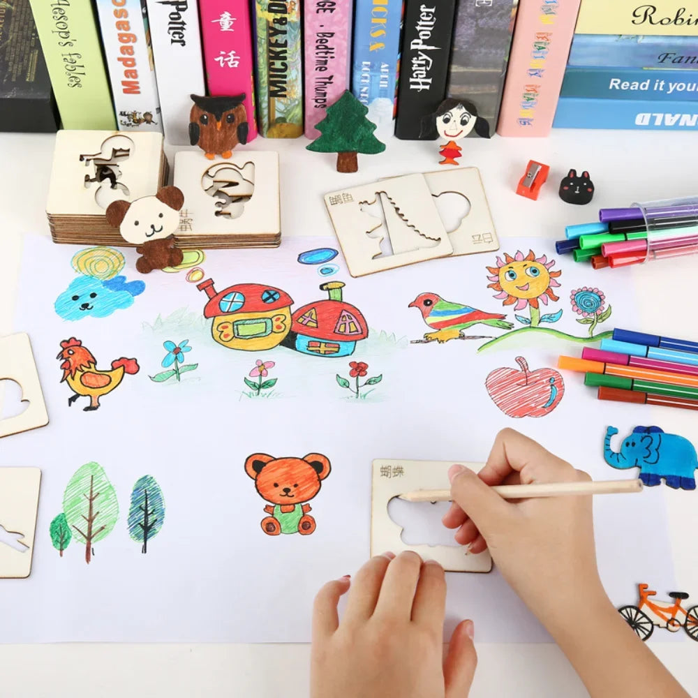 Kids Montessori Toys Drawing Toys Wooden DIY Painting Template Stencils Learning Educational Toys for Children Christmas Gift