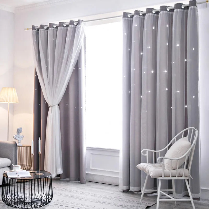 Double Layers Romantic Sheer Kids Children Girls Curtains With Hollow Out Stars For Living Room Bedroom Windows Drapes
