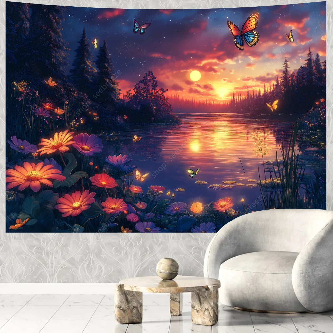 Butterfly Flower UV Reactive Tapestry Wall Hanging Hippie Boho Room Decor