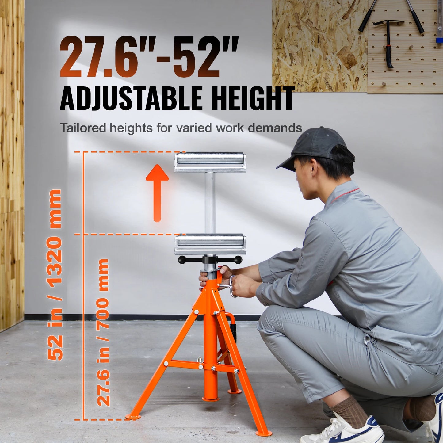VEVOR Roller Stand Heavy Duty 2500 LBS Load Capacity 27.6"-52" Adjustable Folding Roller Support Stand for Pipes Wooden Boards