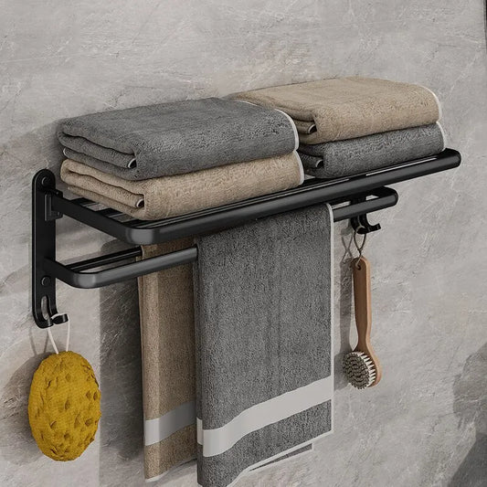 Matte Black 50CM Folding Holder With Hook Towel Holder Wall Mount Aluminum Towel Rack