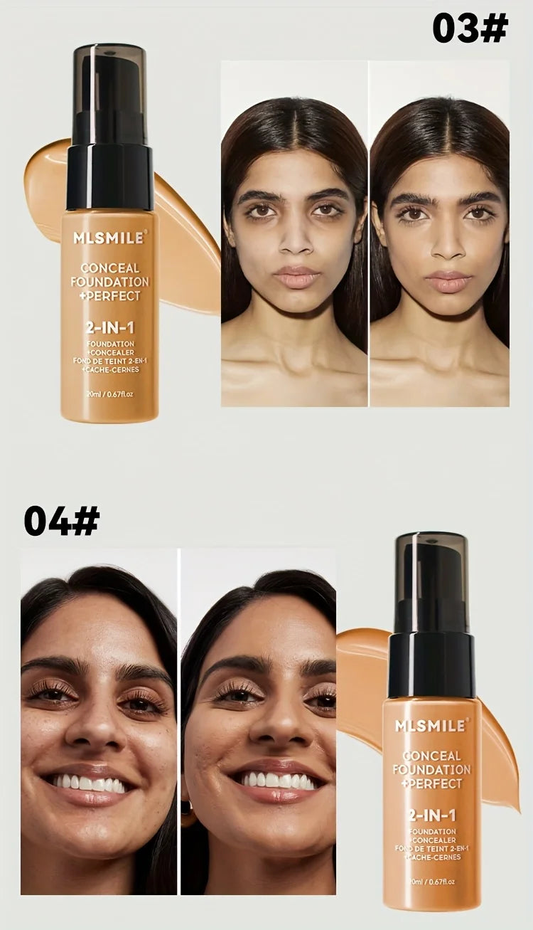 2-In-1 Oil Control Liquid Foundation & Concealer Full Coverage Long Lasting Waterproof Hydrating Brightening Base Makeup