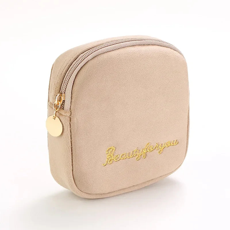 Plush Cosmetic Bag for Women – Large Zipper Makeup & Toiletry Travel Pouch, Solid Color Beauty Bag