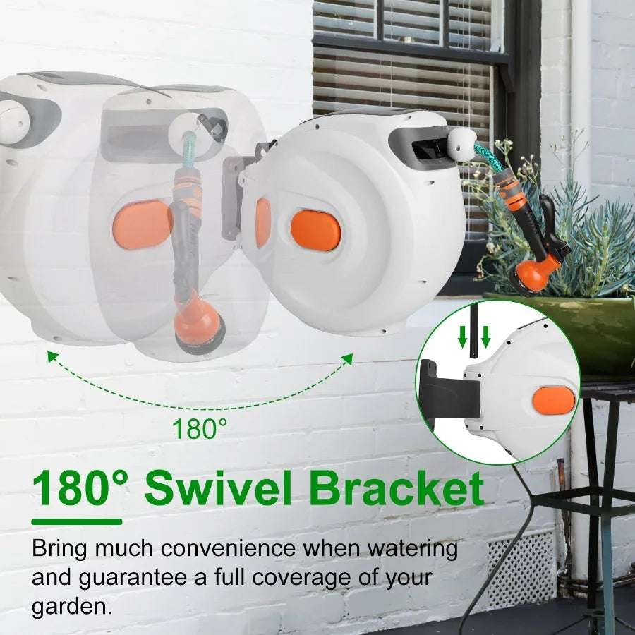 Retractable Garden Hose Reel Wall Mounted Automatic Water Hose Reel with Any Length Lock 8 Pattern Spraying Modes 180 Swivel Br