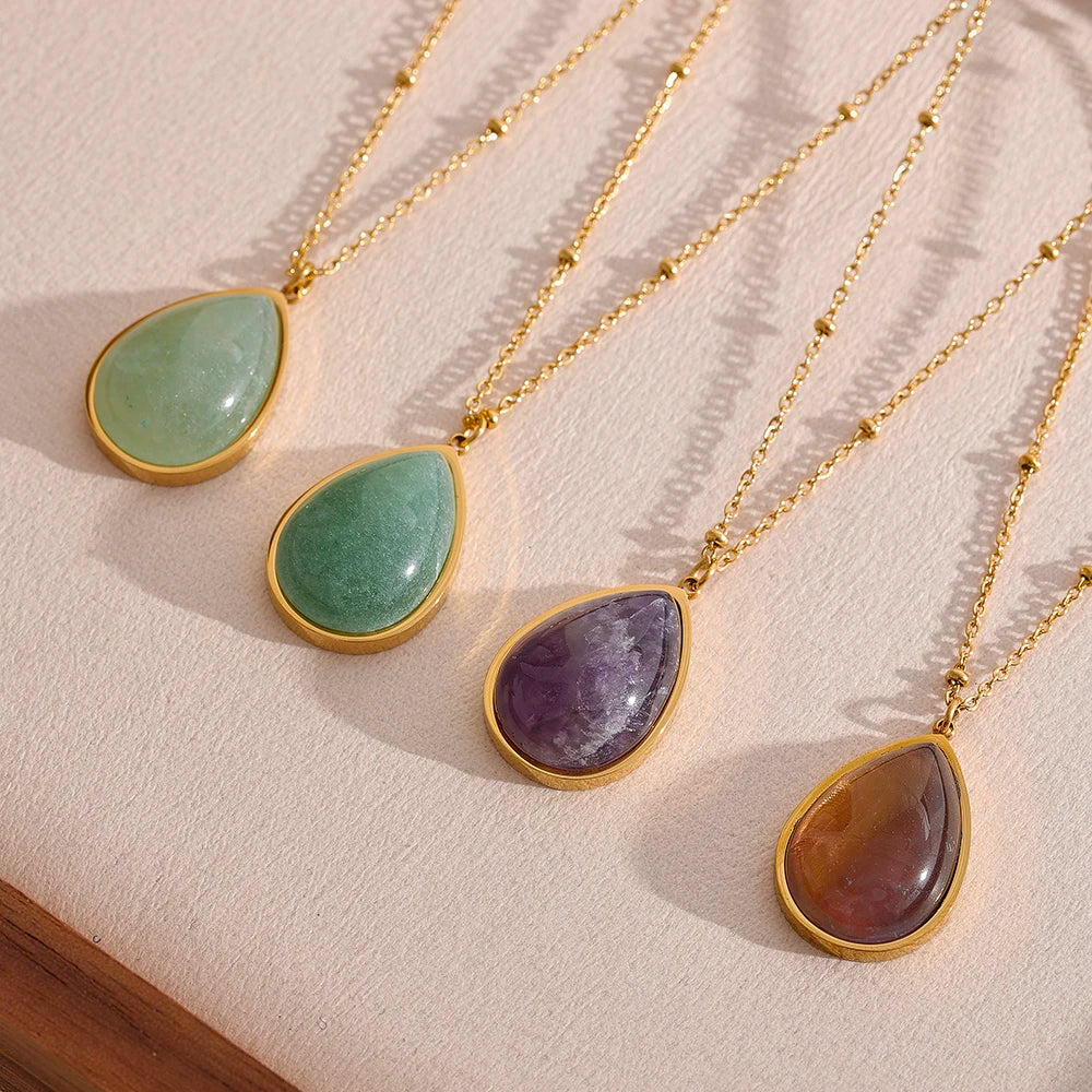 Yhpup Water Drop Amethyst Green Aventurine Natural Stone Necklace Stainless Steel Fashion Charm Pendant Jewelry Tarnish Free