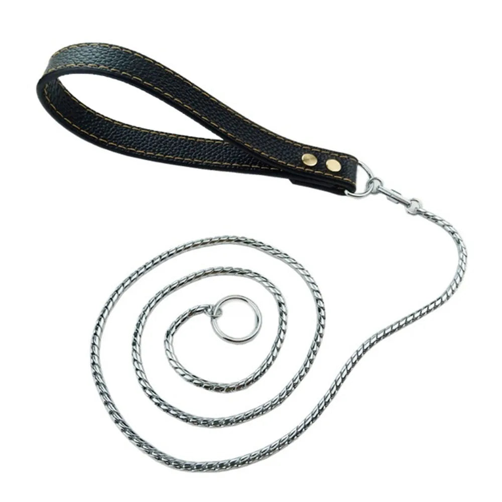 Integrated Dog Slip Chain Collar Leash 3Integrated Dog Slip Chain Collar & Leash – 304 Stainless Steel Choke Collar with Leather Handle for Training and Show04 Stainless Steel Dog Metal Choke Collar Pet Training Leash Show with Leather Handle