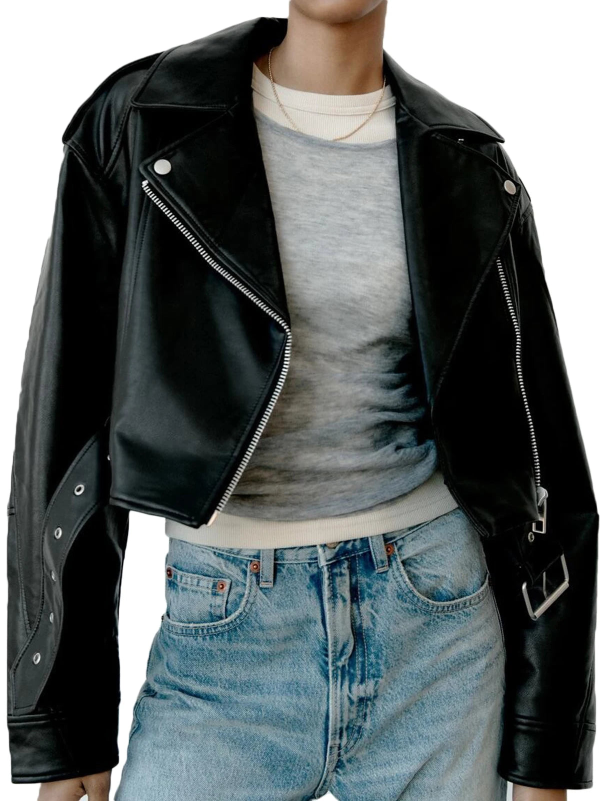 Turn-Down Collar Leather Jacket