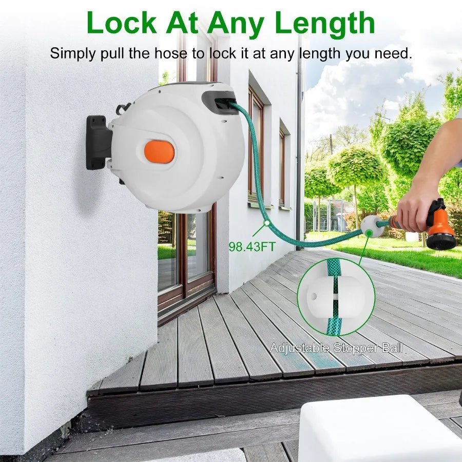 Retractable Garden Hose Reel Wall Mounted Automatic Water Hose Reel with Any Length Lock 8 Pattern Spraying Modes 180 Swivel Br