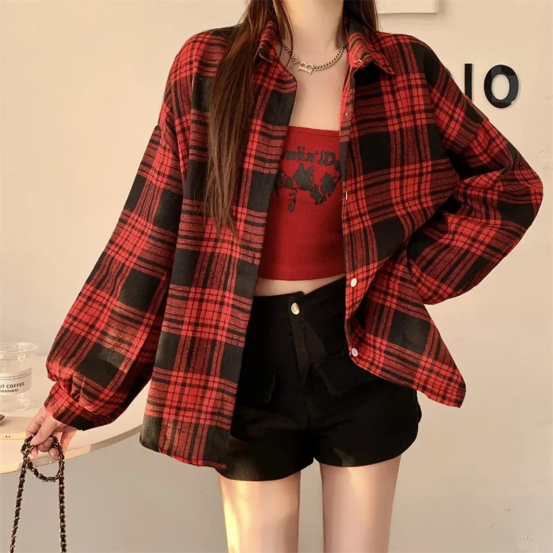 Long Sleeve Collared Button-Up Tartan Black Flannel Shirt