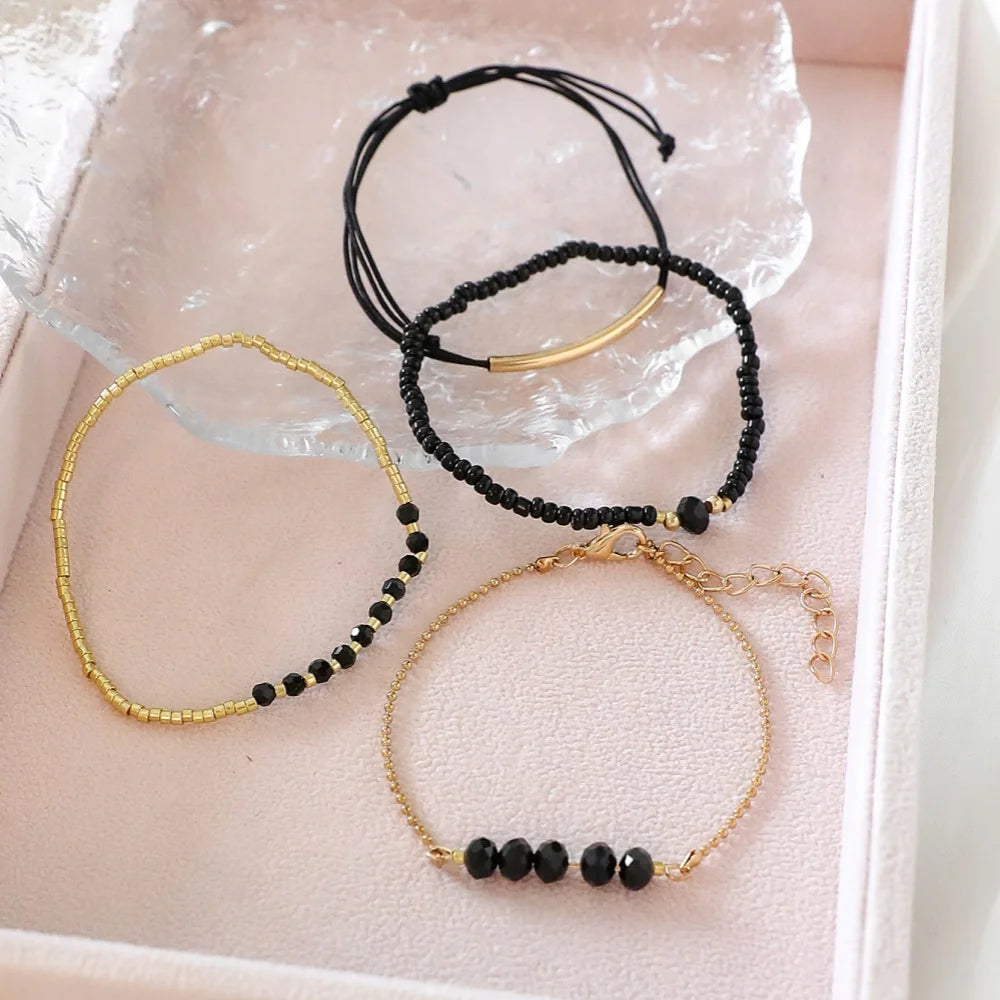 4Pc Set Black Glass Stone Bracelet